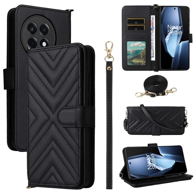 Wallet Phone Case for OnePlus Ace 5 5G / Ace 5 Pro 5G / 13R 5G Leather Phone Cover with Shoulder Strap - Black