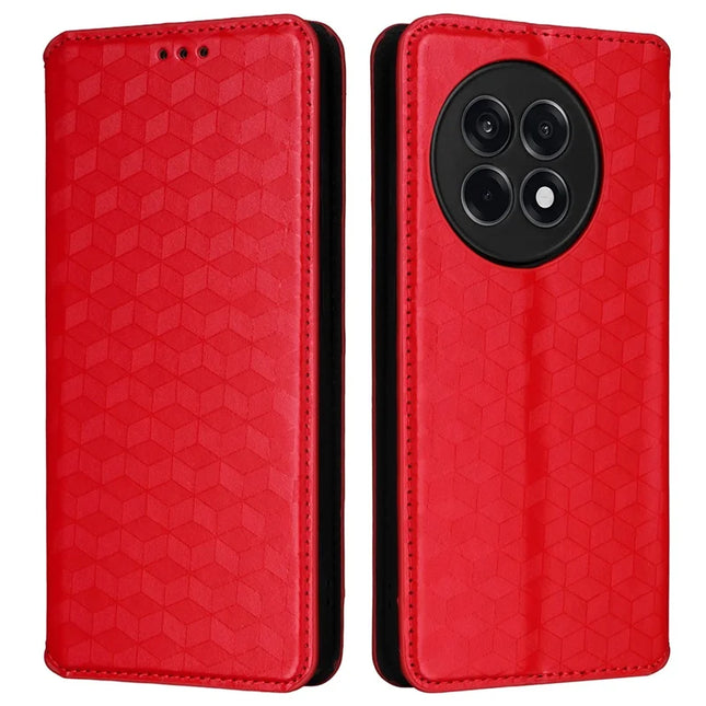 Wallet Phone Case for OnePlus Ace 5 5G / Ace 5 Pro 5G / 13R 5G Rhombus Imprinted Leather Cover - Red