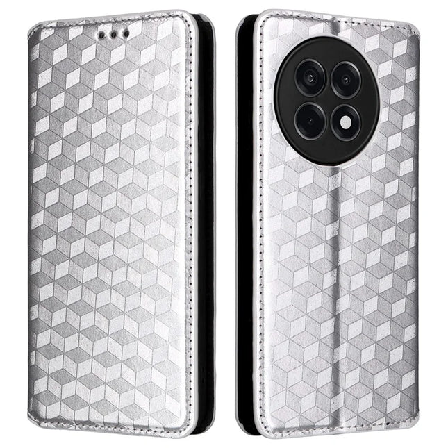Wallet Phone Case for OnePlus Ace 5 5G / Ace 5 Pro 5G / 13R 5G Rhombus Imprinted Leather Phone Cover - Silver