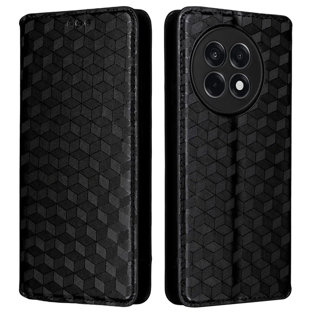 Wallet Phone Case for OnePlus Ace 5 5G / Ace 5 Pro 5G / 13R 5G Rhombus Imprinted Leather Phone Cover - Black
