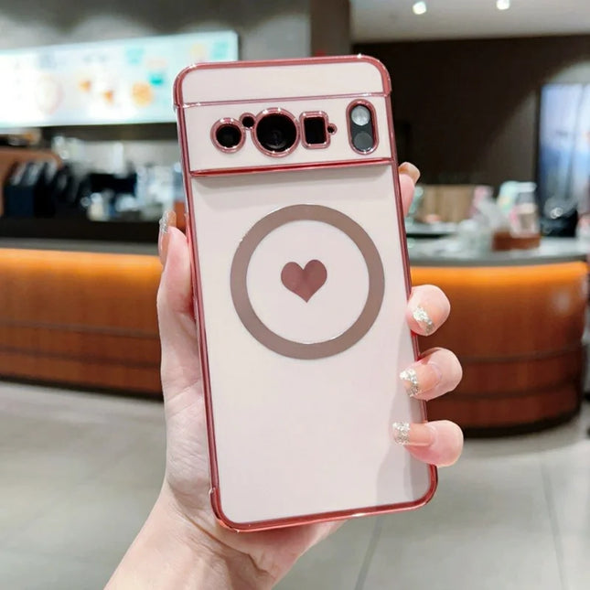For Google Pixel 8 Pro Magnetic Case Electroplating Soft TPU Cover with Cute Love Heart - Rose Pink