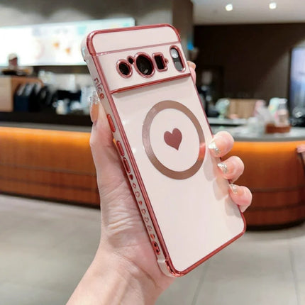 For Google Pixel 8 Pro Magnetic Case Electroplating Soft TPU Cover with Cute Love Heart