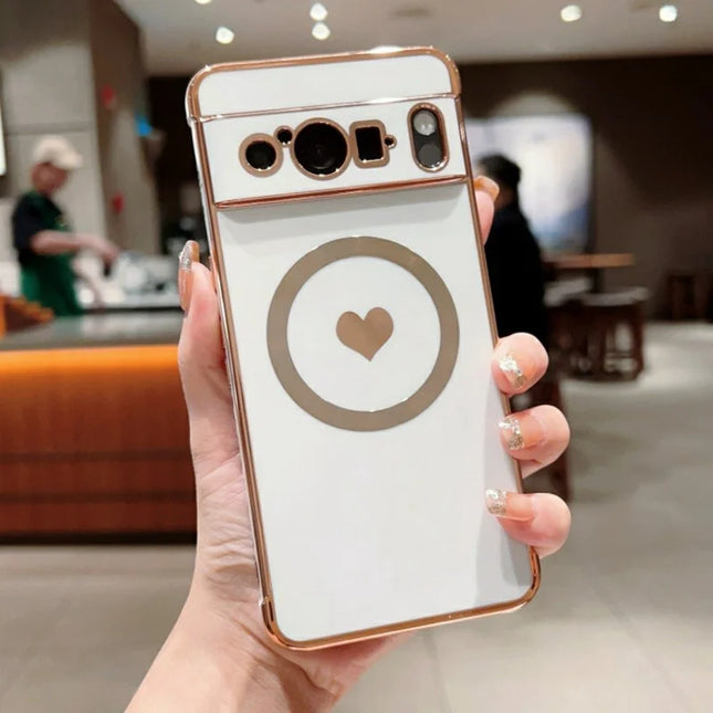 For Google Pixel 8 Pro Magnetic Case Electroplating Soft TPU Cover with Cute Love Heart - Ivory White