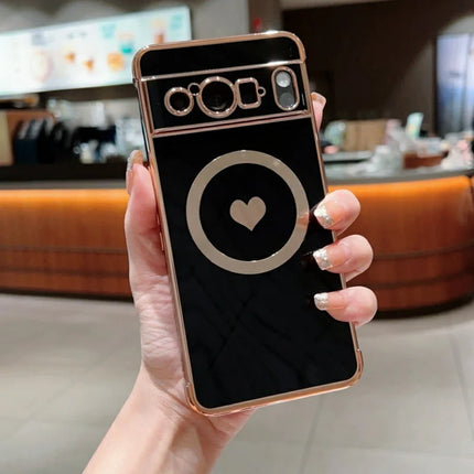 For Google Pixel 8 Pro Magnetic Case Electroplating Soft TPU Cover with Cute Love Heart - Black