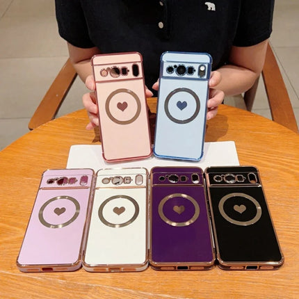 For Google Pixel 8 Pro Magnetic Case Electroplating Soft TPU Cover with Cute Love Heart
