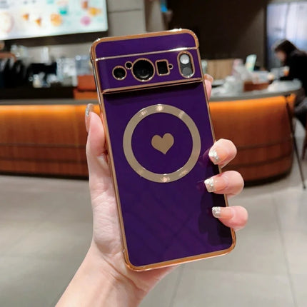 For Google Pixel 8 Pro Magnetic Case Electroplating Soft TPU Cover with Cute Love Heart - Dark Purple