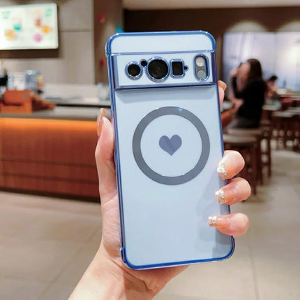 For Google Pixel 8 Pro Magnetic Case Electroplating Soft TPU Cover with Cute Love Heart - Blue
