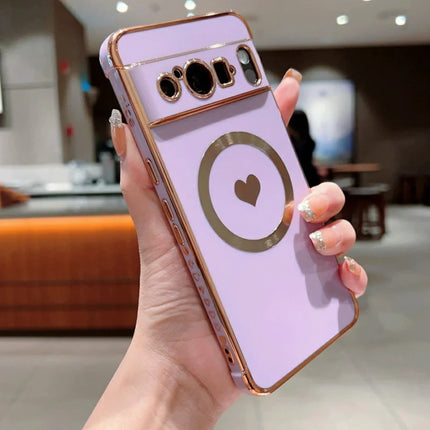 For Google Pixel 8 Pro Magnetic Case Electroplating Soft TPU Cover with Cute Love Heart