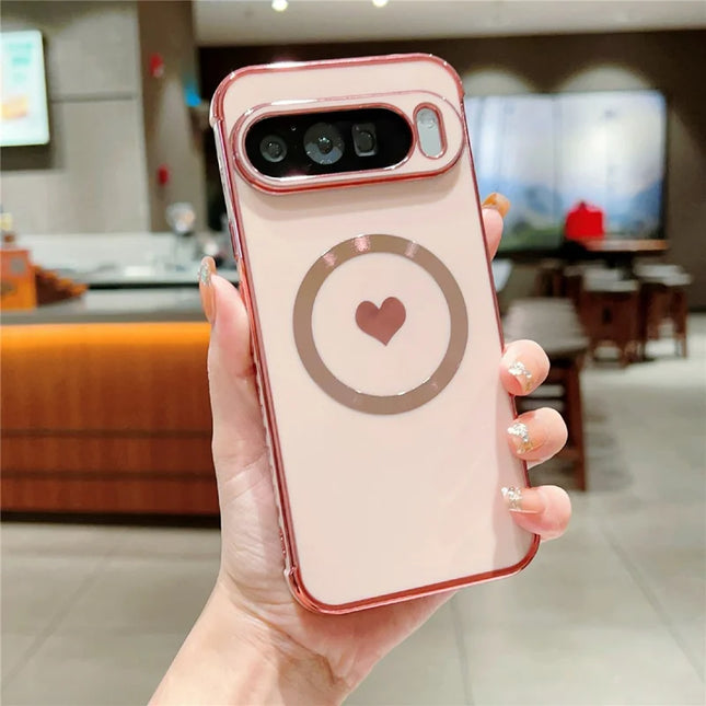 For Google Pixel 9 Pro XL Magnetic Case Electroplating Soft TPU Cover with Cute Love Heart - Rose Pink