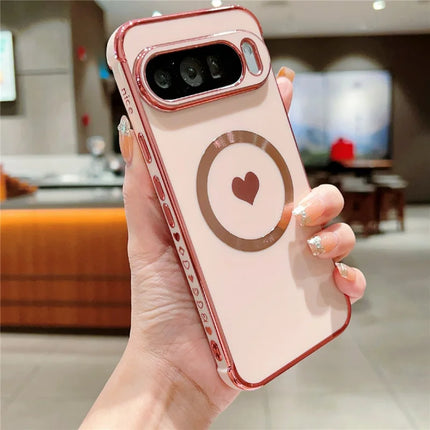 For Google Pixel 9 Pro XL Magnetic Case Electroplating Soft TPU Cover with Cute Love Heart