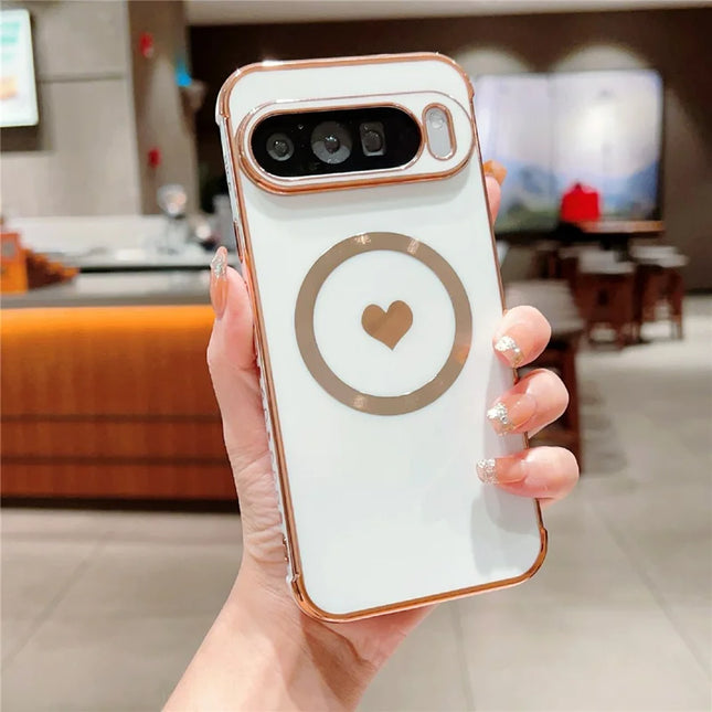 For Google Pixel 9 Pro XL Magnetic Case Electroplating Soft TPU Cover with Cute Love Heart - Ivory White