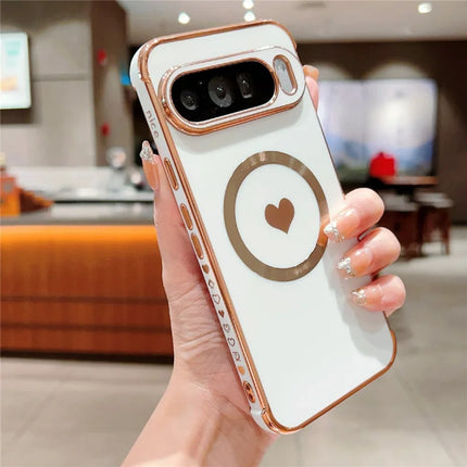 For Google Pixel 9 Pro XL Magnetic Case Electroplating Soft TPU Cover with Cute Love Heart