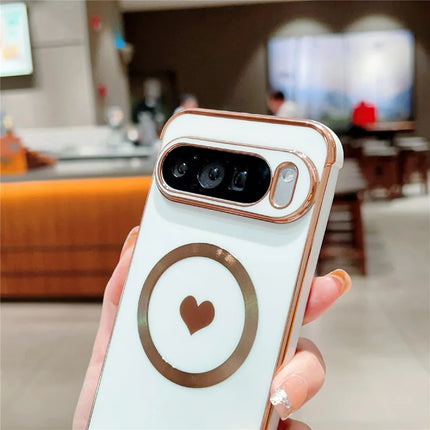 For Google Pixel 9 Pro XL Magnetic Case Electroplating Soft TPU Cover with Cute Love Heart