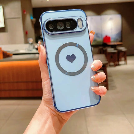 For Google Pixel 9 Pro XL Magnetic Case Electroplating Soft TPU Cover with Cute Love Heart - Blue