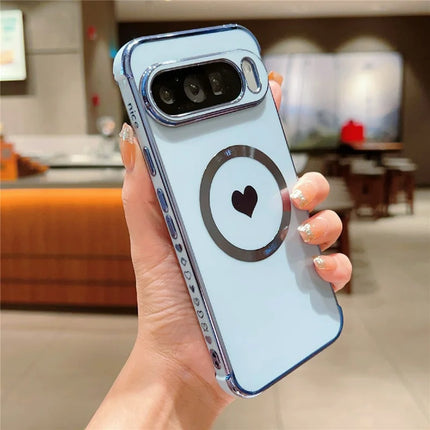 For Google Pixel 9 Pro XL Magnetic Case Electroplating Soft TPU Cover with Cute Love Heart