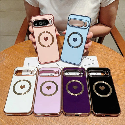 For Google Pixel 9 Pro XL Magnetic Case Electroplating Soft TPU Cover with Cute Love Heart