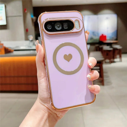 For Google Pixel 9 Pro XL Magnetic Case Electroplating Soft TPU Cover with Cute Love Heart - Purple