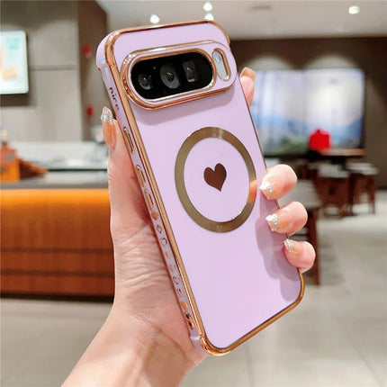 For Google Pixel 9 Pro XL Magnetic Case Electroplating Soft TPU Cover with Cute Love Heart