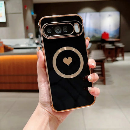 For Google Pixel 9 Pro XL Magnetic Case Electroplating Soft TPU Cover with Cute Love Heart - Black