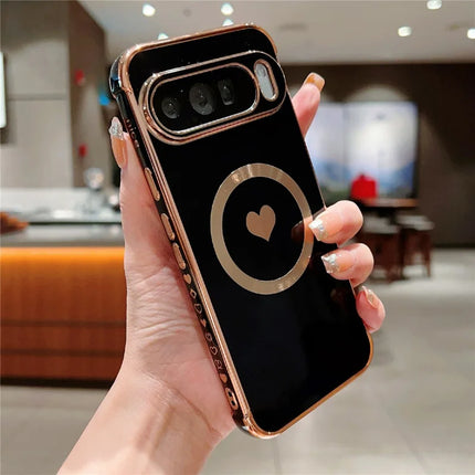 For Google Pixel 9 Pro XL Magnetic Case Electroplating Soft TPU Cover with Cute Love Heart