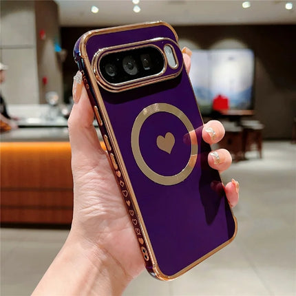 For Google Pixel 9 Pro XL Magnetic Case Electroplating Soft TPU Cover with Cute Love Heart