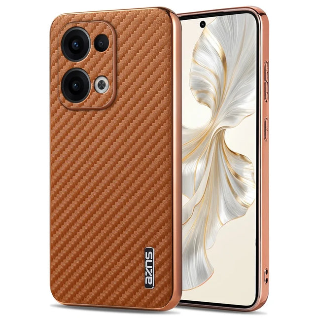 AZNS For Oppo Reno13 5G (Global) Case Electroplating Carbon Fiber Texture PU + TPU Phone Cover - Brown