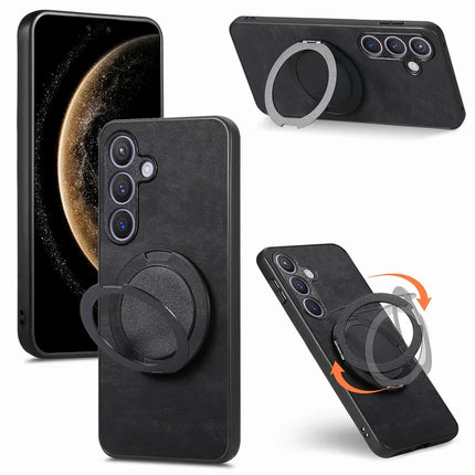 For Samsung Galaxy S23 FE Phone Case with Rotating Kickstand Stress Relief Retro Leather Back Cover - Black