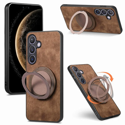 For Samsung Galaxy S23 FE Phone Case with Rotating Kickstand Stress Relief Retro Leather Back Cover - Brown