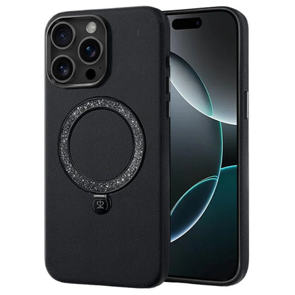 PYNANA PN-16L2 For iPhone 16 Pro Case Compatible with MagSafe Crystal Ring Kickstand PU Leather PC Cover - Black