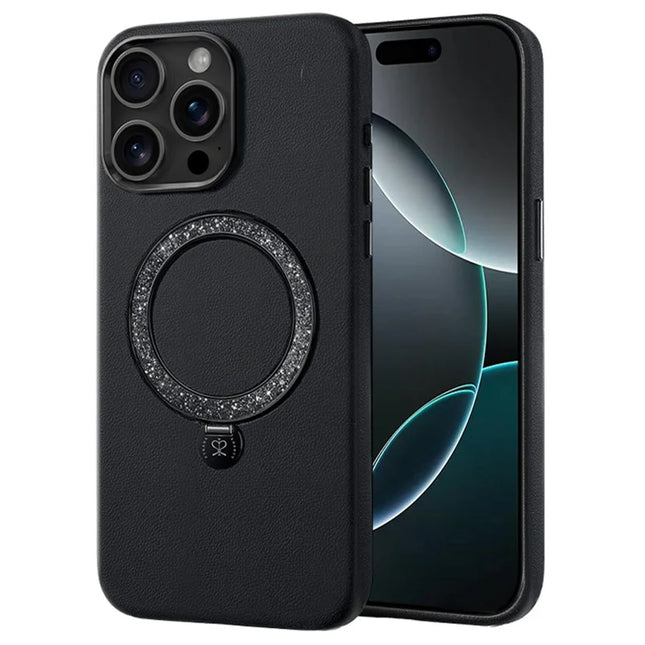 PYNANA PN-16L2 For iPhone 16 Pro Case Compatible with MagSafe Crystal Ring Kickstand PU Leather PC Cover - Black