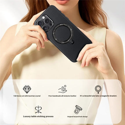 PYNANA PN-16L2 For iPhone 16 Pro Case Compatible with MagSafe Crystal Ring Kickstand PU Leather PC Cover