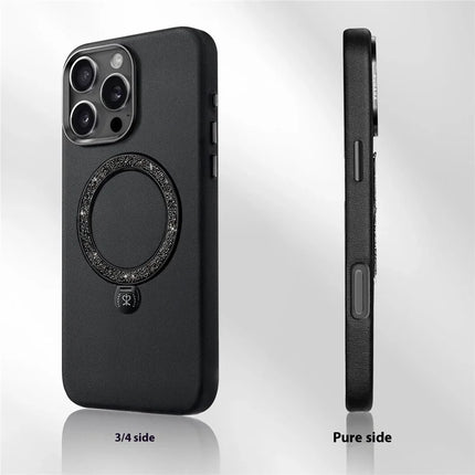 PYNANA PN-16L2 For iPhone 16 Pro Case Compatible with MagSafe Crystal Ring Kickstand PU Leather PC Cover