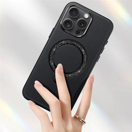 PYNANA PN-16L2 For iPhone 16 Pro Case Compatible with MagSafe Crystal Ring Kickstand PU Leather PC Cover