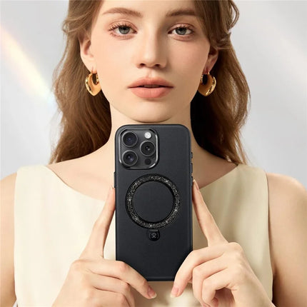 PYNANA PN-16L2 For iPhone 16 Pro Case Compatible with MagSafe Crystal Ring Kickstand PU Leather PC Cover