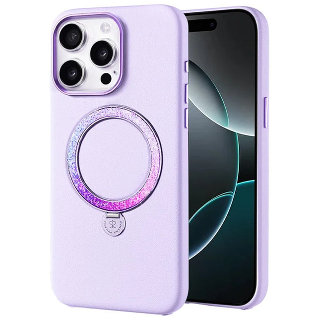 PYNANA PN-16L2 For iPhone 16 Pro Case Compatible with MagSafe Crystal Ring Kickstand PU Leather PC Cover - Purple