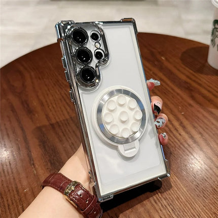 For Samsung Galaxy S23 Ultra Magnetic Case Suction Cup Kickstand PC Phone Cover with Four Corner Airbag - White