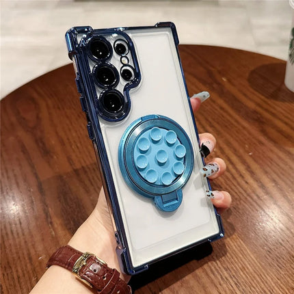 For Samsung Galaxy S23 Ultra Magnetic Case Suction Cup Kickstand PC Phone Cover with Four Corner Airbag - Blue