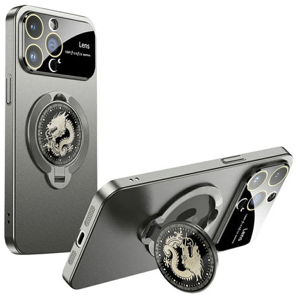 For iPhone 15 Pro Case Compatible with MagSafe Loong Pattern Kickstand Rubberized PC Cover - Titanium Grey