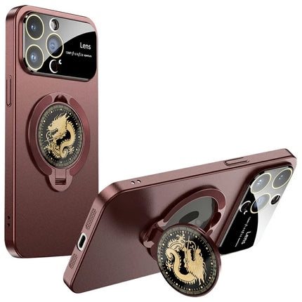 For iPhone 15 Pro Case Compatible with MagSafe Loong Pattern Kickstand Rubberized PC Cover - Red