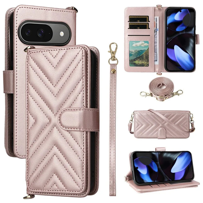 For Google Pixel 9 Pro  /  Pixel 9 Wallet Case with Shoulder Strap Leather Phone Cover - Pink