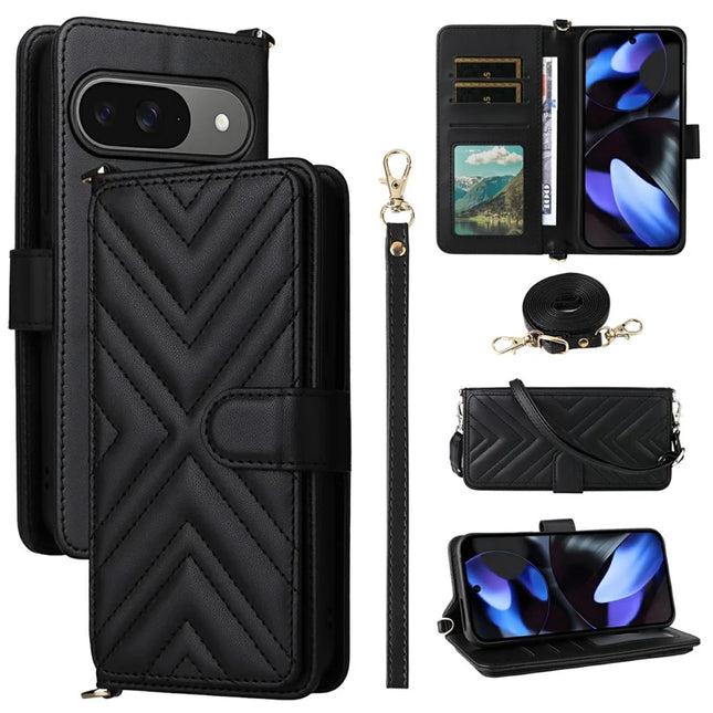 For Google Pixel 9 Pro  /  Pixel 9 Wallet Case with Shoulder Strap Leather Phone Cover - Black