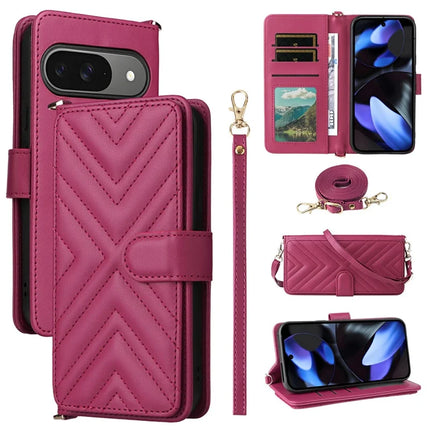 For Google Pixel 9 Pro  /  Pixel 9 Wallet Case with Shoulder Strap Leather Phone Cover - Rose