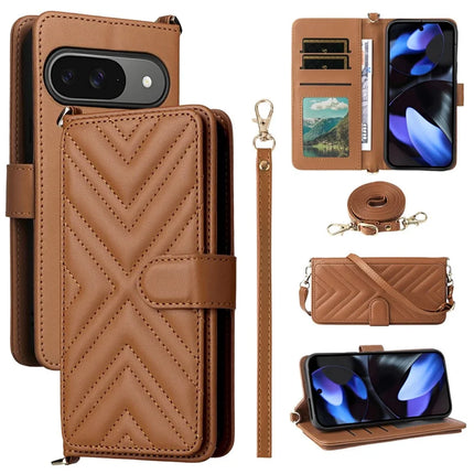 For Google Pixel 9 Pro  /  Pixel 9 Wallet Case with Shoulder Strap Leather Phone Cover - Brown