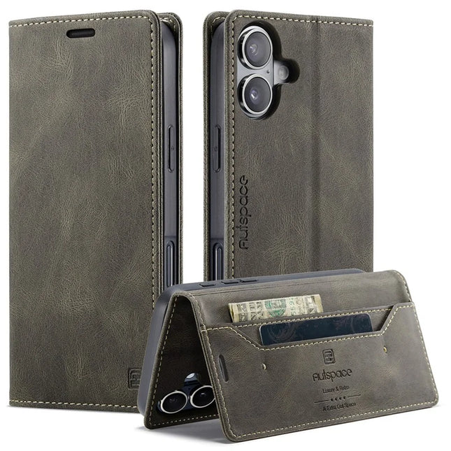 For iPhone 16 Plus Wallet Case AUTSPACE A01 Leather Stand Cover with RFID Blocking Card Holder - Coffee