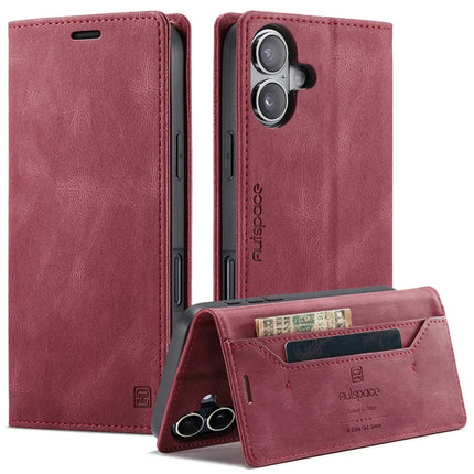 For iPhone 16 Plus Wallet Case AUTSPACE A01 Leather Stand Cover with RFID Blocking Card Holder - Red