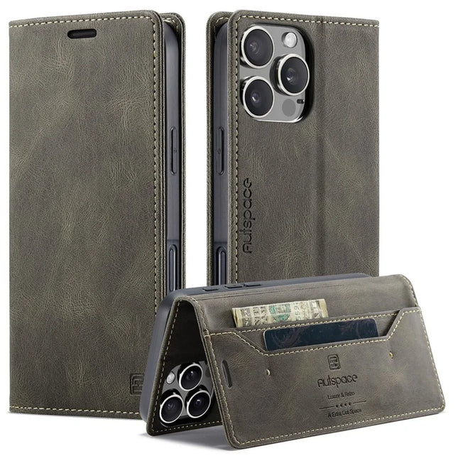 For iPhone 16 Pro Wallet Case AUTSPACE A01 Leather Stand Cover with RFID Blocking Card Holder - Coffee