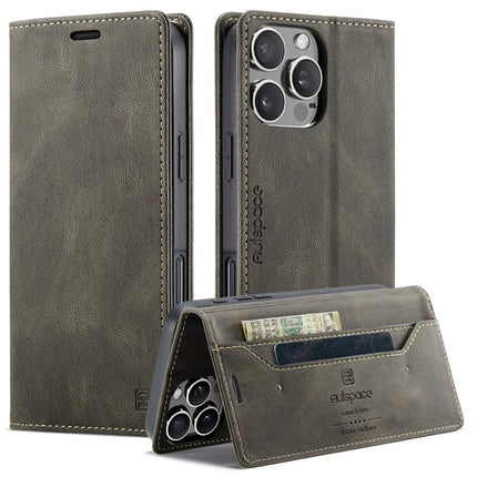 For iPhone 16 Pro Max Wallet Case AUTSPACE A01 Leather Stand Cover with RFID Blocking Card Holder - Coffee