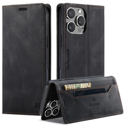 For iPhone 16 Pro Max Wallet Case AUTSPACE A01 Leather Stand Cover with RFID Blocking Card Holder - Black