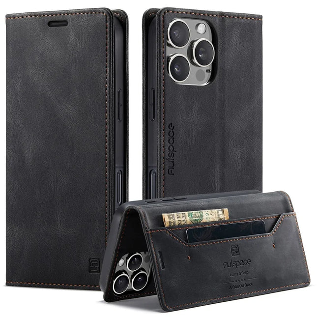 For iPhone 16 Pro Max Wallet Case AUTSPACE A01 Leather Stand Cover with RFID Blocking Card Holder - Black