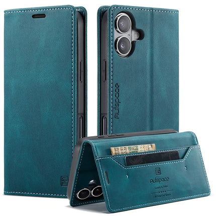For iPhone 16 Wallet Case AUTSPACE A01 Leather Stand Cover with RFID Blocking Card Holder - Blue